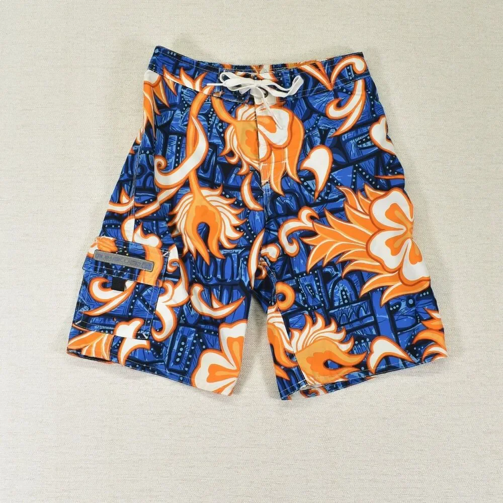Quiksilver Boys M 6/7 Boardshorts Blue Neon Orange Hawaiian Tribal Surf Shorts